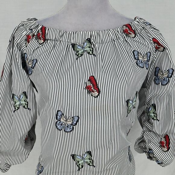 Zara Top Womens XS White Gray Stripe Blouse Embroidered Butterflies Whimsy Boho - Picture 16 of 16